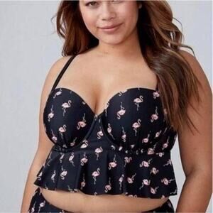 Swim by Cacique Black Flamingo Print Bandeau Ruffle Hem Swim Top